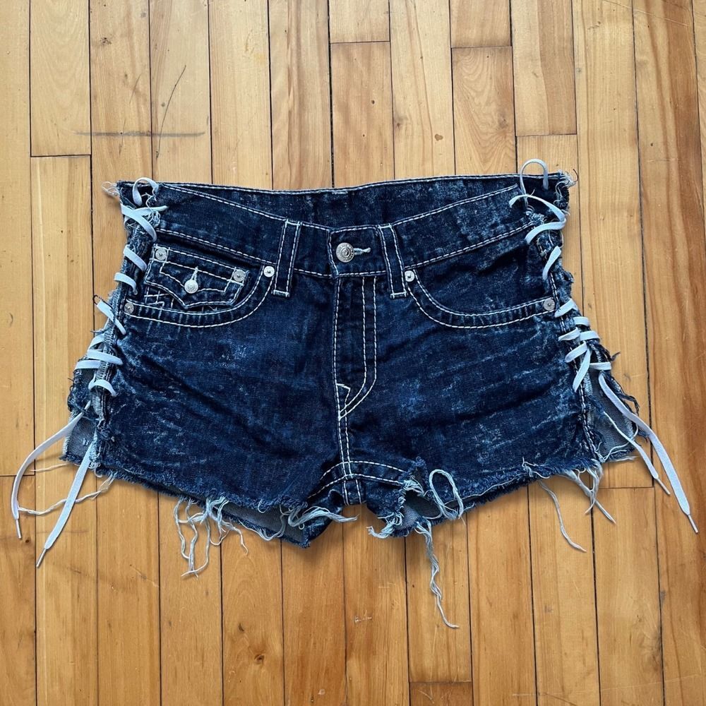 True Religion Denim Shorts Distressed Lace Up Sides Dark Wash Size 32 y2k